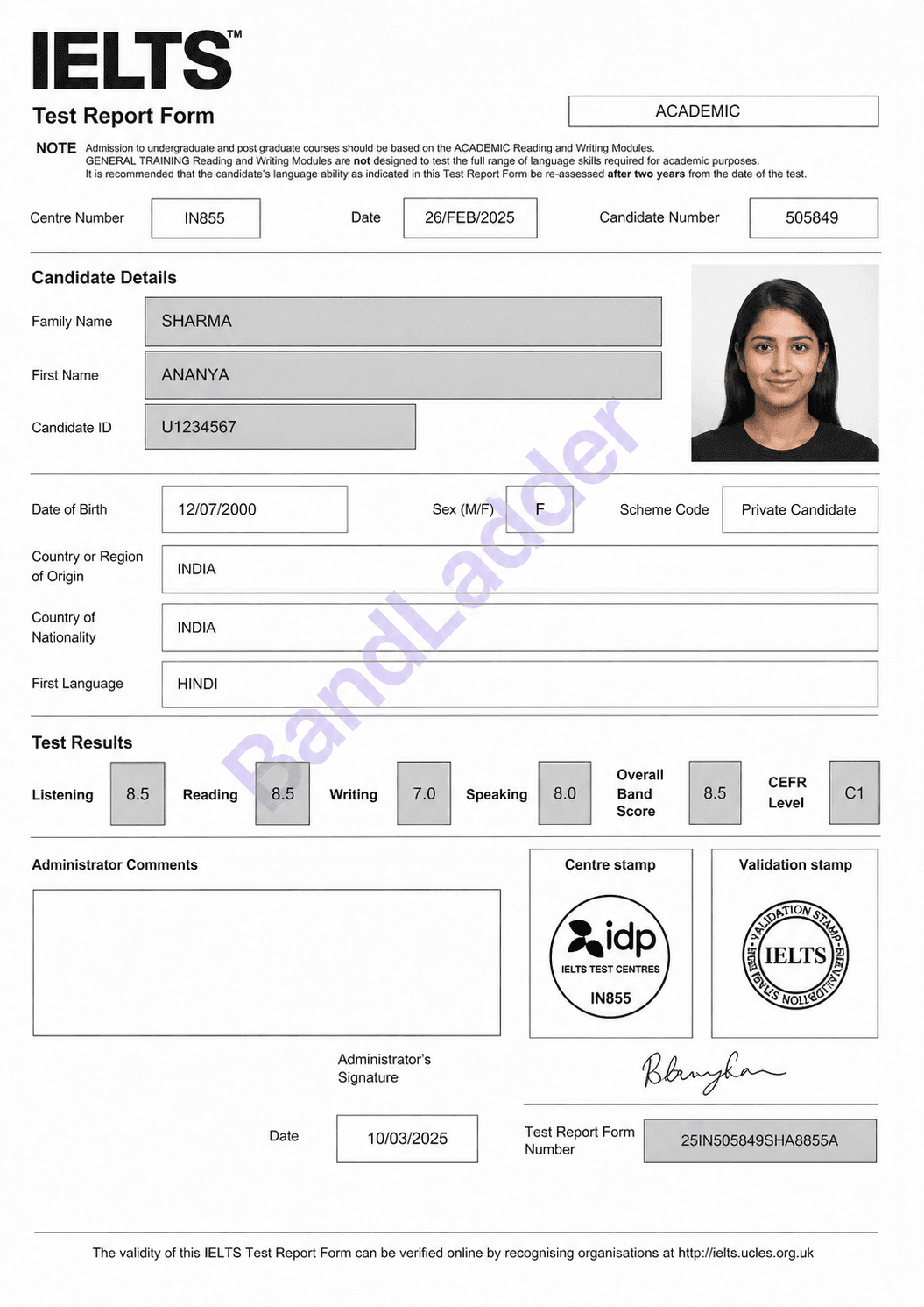 BandLadder IELTS result sheet 1